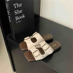 FX Summer Flat Slippers For Women Casual Leather Double Strap Design Indoor Outdoor Sandals(Add+1 Size)